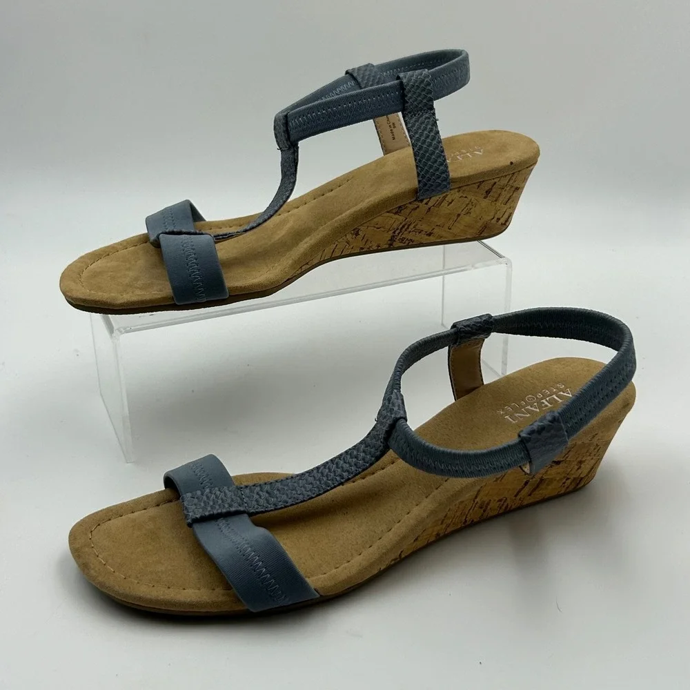 Alfani Voyage Wedge Sandals Womens 9M Blue T-Strap Cork Heel Coastal Summer